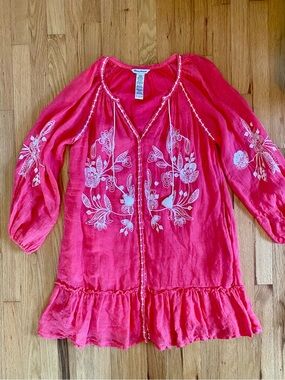 Tommy Bahama Embroidered Tassel Linen Cotton Dress Coral Pink